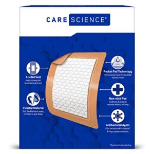 Care Science Antibacterial Fabric Adhesive Pad Bandages, 3x4 inches Extra Large Flexible Non-Stick Strip, Helps Prevent Infection, Breathable Protection, for First Aid & Wound Care, 30 Count