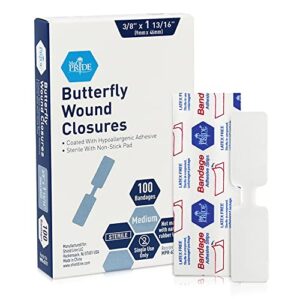 med pride butterfly wound closures [pack of 100 butterfly stitch bandages]- sterile wound closure strips with non-stick pad & hypoallergenic adhesive- rubber/latex free for cuts & injuries