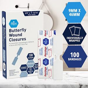 MED PRIDE Butterfly Wound Closures [Pack of 100 Butterfly Stitch Bandages]- Sterile Wound Closure Strips with Non-Stick Pad & Hypoallergenic Adhesive- Rubber/Latex Free for Cuts & Injuries