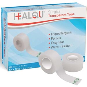 healqu surgical transparent tape for wound care, tubing, first aid supplies – 1″ x 10yd box of 12 breathable, see through, microporous waterproof tape with gentle adhesion and easy monitoring