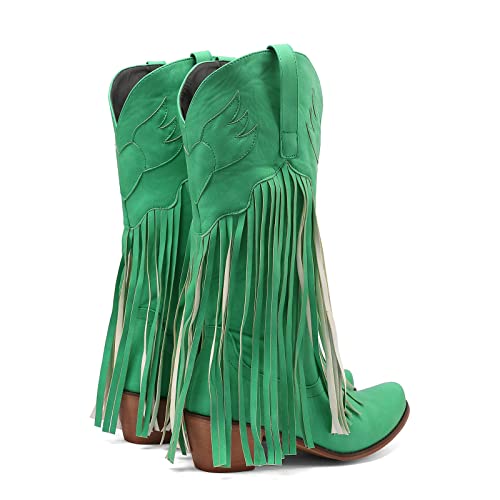 Comfortable Pull On Chunky Heel Pointed Toe Fringed Boots Western Knee High Boots Mid Boots Chunky High Heel Green
