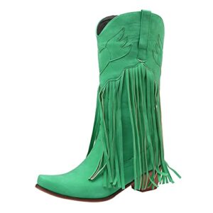 comfortable pull on chunky heel pointed toe fringed boots western knee high boots mid boots chunky high heel green