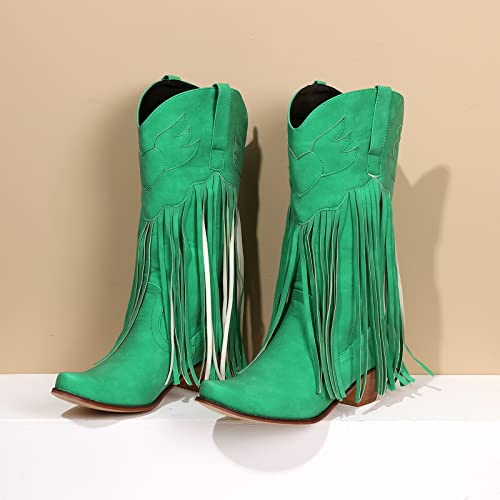 Comfortable Pull On Chunky Heel Pointed Toe Fringed Boots Western Knee High Boots Mid Boots Chunky High Heel Green