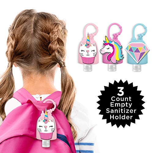 ABG Accessories Girls 3-Pack Kids Face Mask and Hand Sanitizer Holder Keychain (Flip Cap Reusable Empty Bottles) Age3-7, Unicorn Design, 6 Piece Set