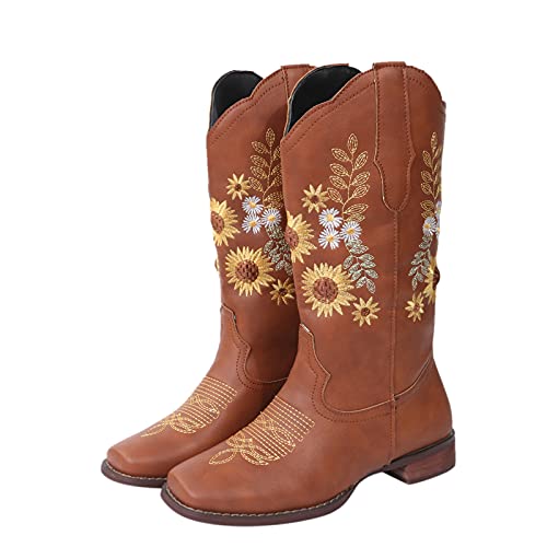 Chunky Heel Cowgirl Boots Vintage Western Boots Cowboy Cowgirl Motorcycle Boots Sunflower Embroidered for Womens Boot Brown