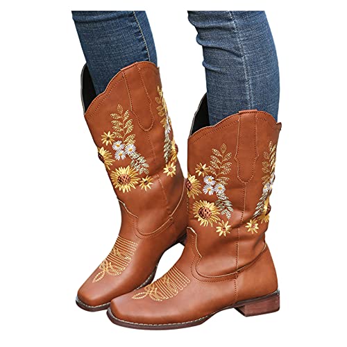 Chunky Heel Cowgirl Boots Vintage Western Boots Cowboy Cowgirl Motorcycle Boots Sunflower Embroidered for Womens Boot Brown