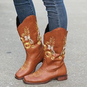 Chunky Heel Cowgirl Boots Vintage Western Boots Cowboy Cowgirl Motorcycle Boots Sunflower Embroidered for Womens Boot Brown