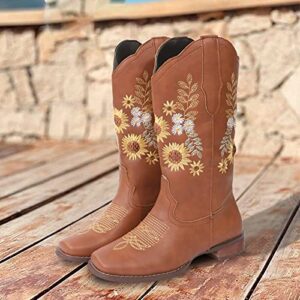 Chunky Heel Cowgirl Boots Vintage Western Boots Cowboy Cowgirl Motorcycle Boots Sunflower Embroidered for Womens Boot Brown