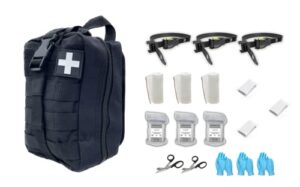 smd trauma kit feat: 3 tourniquets 3 bandages 3 gauze 3 emergency blankets shears gloves easy instruction card