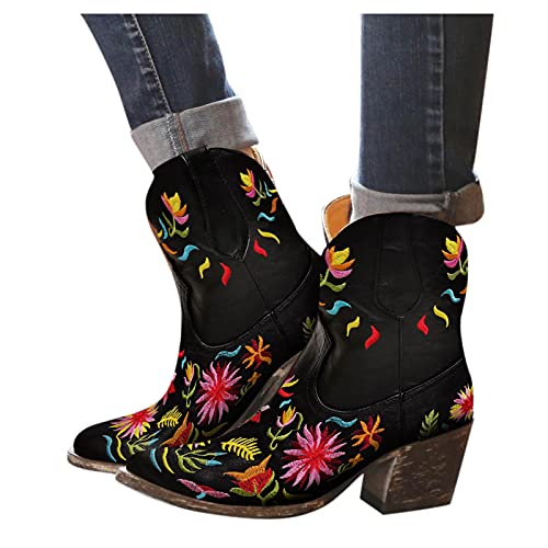 Embroidered Calf Retro Style Pointed Boots Western Toe Mid Cowboy Floral Womens Women's Boots Mens Shoes Boots