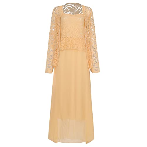 Fall Dresses for Women,Petite Maxi Dress Winter Dresses for Women 2023 Cotton Dress Solid Two Piece Lace Cardigan Chiffon Party Wedding Long Dress Plus Size White Dress for Women(Gold-3,4X-Large)