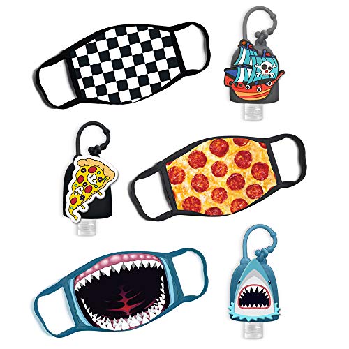 ABG Accessories Boys 3-Pack Kids Face Mask and Hand Sanitizer Holder Keychain (Flip Cap Reusable Empty Bottles) Age 3-7, Shark Design, 3 Count (Pack of 1)