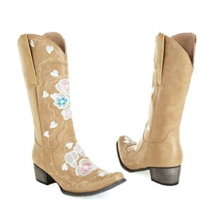 Guldnds Retro Embroidery Round Booties High Shoes Middle Flowers Women Heels Slipon Boots for Women Leather Wide Calf