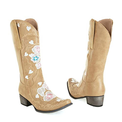 Guldnds Retro Embroidery Round Booties High Shoes Middle Flowers Women Heels Slipon Boots for Women Leather Wide Calf