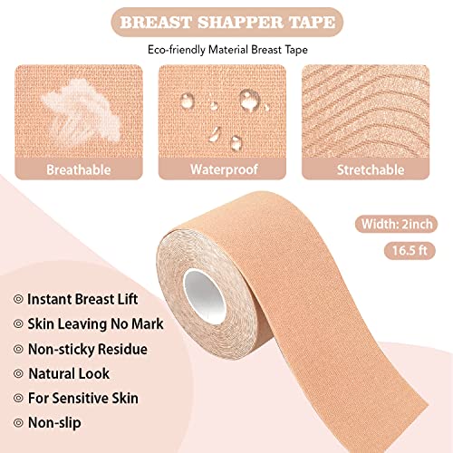 STPRO BoobTape Boobytape for Breast Lift -Achieve Chest Brace Lift-Waterproof Sweat-Proof Bob Tape-2in x16.4ft x2pcs and 5 Pairs Nipple (beige, 2roll)