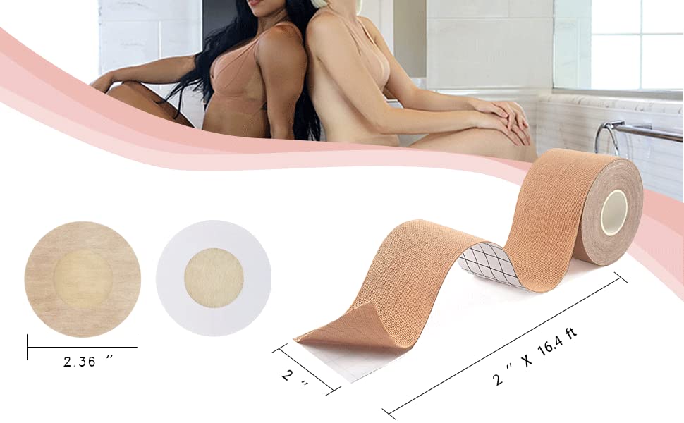 STPRO BoobTape Boobytape for Breast Lift -Achieve Chest Brace Lift-Waterproof Sweat-Proof Bob Tape-2in x16.4ft x2pcs and 5 Pairs Nipple (beige, 2roll)