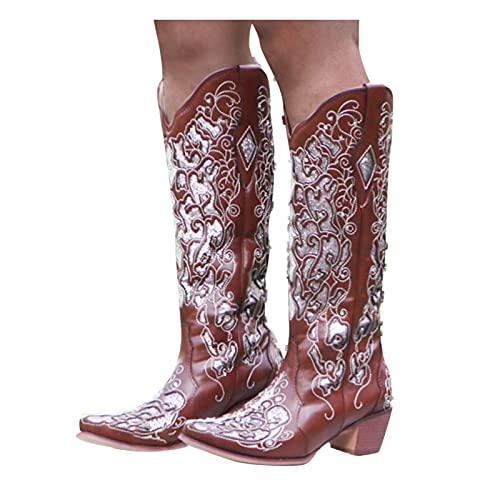 Guldnds Rhinestone for Women Western Cowboy Boots Low Heel Embroidered Knee Chunky High Studded Ultra High Heels Women Brown