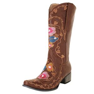 women booties embroidery heels middle flowers round retro slipon toe high shoes nine cowboy boots women