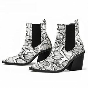 Guldnds Wommen Boots Winter Fashion Comfortable Snake Print Pointed Toe Chunky Heel Zipper Women Cowboy Boots Leather