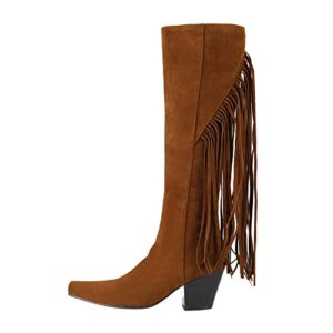 ladies simple fashion square heel square toe solid color back fringe retro mid high boots furry snow boots