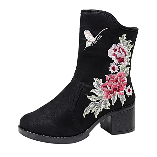 Guldnds Lace Up Round Toe Ankle Booties Fashion Flowers Women Embroidery Tassel Boots Women Cowboy Attire Shoes for Women