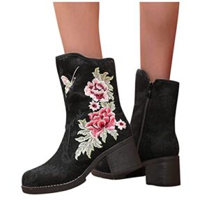Guldnds Lace Up Round Toe Ankle Booties Fashion Flowers Women Embroidery Tassel Boots Women Cowboy Attire Shoes for Women