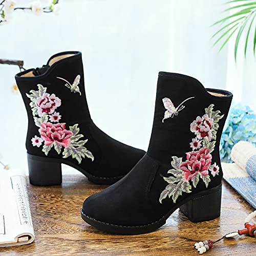 Guldnds Lace Up Round Toe Ankle Booties Fashion Flowers Women Embroidery Tassel Boots Women Cowboy Attire Shoes for Women