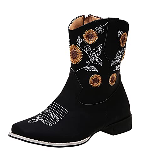 Calf Floral Womens Style Embroidered Toe Mid Retro Boots Cowboy Pointed Western Modern Cowboy Boots Women D-Black