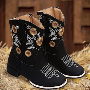 Calf Floral Womens Style Embroidered Toe Mid Retro Boots Cowboy Pointed Western Modern Cowboy Boots Women D-Black