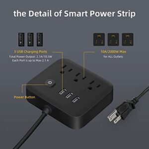 Power Strip Surge Protector USB Ports, 3 Outlets Ports Desktop Charging Station, Flat Plug, Wall Mount,4ft Braided Extension Cord,with Night Light Station for Cruise Ship,Home,Office, Black