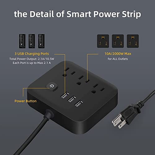 Power Strip Surge Protector USB Ports, 3 Outlets Ports Desktop Charging Station, Flat Plug, Wall Mount,4ft Braided Extension Cord,with Night Light Station for Cruise Ship,Home,Office, Black