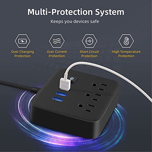 Power Strip Surge Protector USB Ports, 3 Outlets Ports Desktop Charging Station, Flat Plug, Wall Mount,4ft Braided Extension Cord,with Night Light Station for Cruise Ship,Home,Office, Black