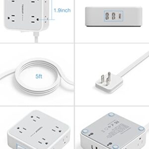 Ultra Thin Flat Extension Cord, Flat Plug Power Strip with USB C, 8 Widely Outlets, 3 USB Charger(1 USB C Port), 5 Ft, 900 Joules Surge Protector, Office Supplies, Travel, Dorm Room Essentials