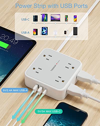 Ultra Thin Flat Extension Cord, Flat Plug Power Strip with USB C, 8 Widely Outlets, 3 USB Charger(1 USB C Port), 5 Ft, 900 Joules Surge Protector, Office Supplies, Travel, Dorm Room Essentials