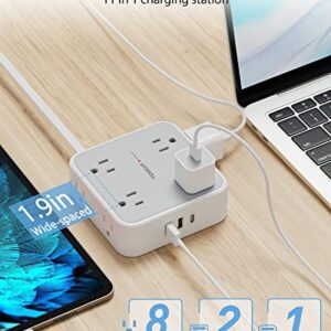 Ultra Thin Flat Extension Cord, Flat Plug Power Strip with USB C, 8 Widely Outlets, 3 USB Charger(1 USB C Port), 5 Ft, 900 Joules Surge Protector, Office Supplies, Travel, Dorm Room Essentials