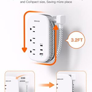 Flat Plug Power Strip, USB C Travel Power Strip Ultra Flat Extension Cord - 3 Outlets with 3 USB Ports(2 USB C), 3.2ft Wrapped Around Extension Cord for Cruise Ship, Travel, Dorm Room Essentials