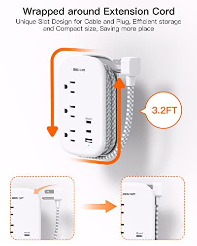 Flat Plug Power Strip, USB C Travel Power Strip Ultra Flat Extension Cord - 3 Outlets with 3 USB Ports(2 USB C), 3.2ft Wrapped Around Extension Cord for Cruise Ship, Travel, Dorm Room Essentials