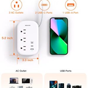 Flat Plug Power Strip, USB C Travel Power Strip Ultra Flat Extension Cord - 3 Outlets with 3 USB Ports(2 USB C), 3.2ft Wrapped Around Extension Cord for Cruise Ship, Travel, Dorm Room Essentials