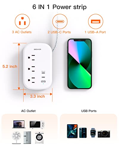 Flat Plug Power Strip, USB C Travel Power Strip Ultra Flat Extension Cord - 3 Outlets with 3 USB Ports(2 USB C), 3.2ft Wrapped Around Extension Cord for Cruise Ship, Travel, Dorm Room Essentials