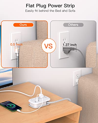 Flat Plug Power Strip, USB C Travel Power Strip Ultra Flat Extension Cord - 3 Outlets with 3 USB Ports(2 USB C), 3.2ft Wrapped Around Extension Cord for Cruise Ship, Travel, Dorm Room Essentials