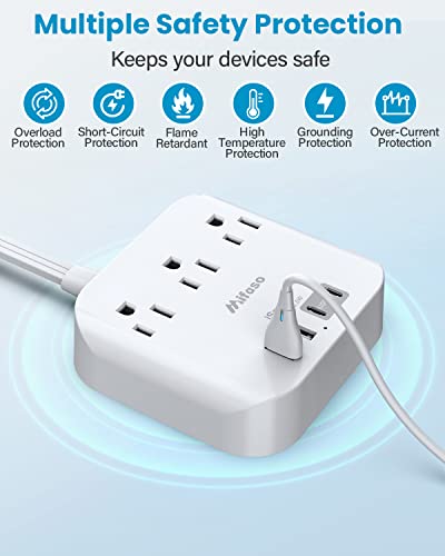 Flat Extension Cord, 5ft Ultra Flat Plug Power Strip - 3 Outlets 4 USB Ports (2 USB C) Desk Charging Station Power Strip with No Surge Protection for Cruise Ship, Travel, Dorm Room Essentials