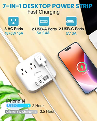 Flat Extension Cord, 5ft Ultra Flat Plug Power Strip - 3 Outlets 4 USB Ports (2 USB C) Desk Charging Station Power Strip with No Surge Protection for Cruise Ship, Travel, Dorm Room Essentials