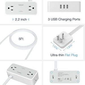 Ultra Thin Flat Extension Cord, TESSAN Surge Protector Flat Plug Power Strip 4 Wide Spaced AC Outlets 3 USB, 900 Joules 5FT Extension Cord for Home Office Dorm