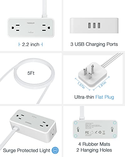 Ultra Thin Flat Extension Cord, TESSAN Surge Protector Flat Plug Power Strip 4 Wide Spaced AC Outlets 3 USB, 900 Joules 5FT Extension Cord for Home Office Dorm