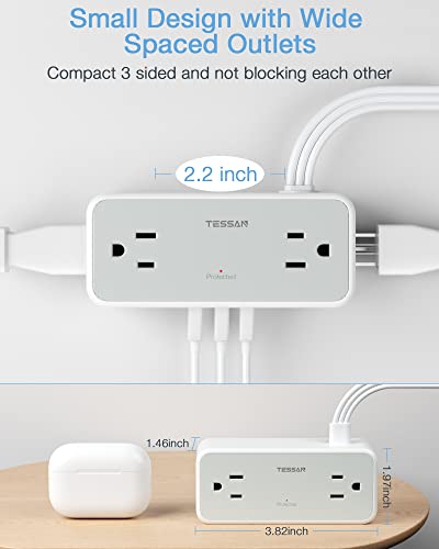 Ultra Thin Flat Extension Cord, TESSAN Surge Protector Flat Plug Power Strip 4 Wide Spaced AC Outlets 3 USB, 900 Joules 5FT Extension Cord for Home Office Dorm