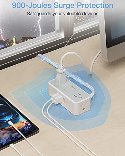 Ultra Thin Flat Extension Cord, TESSAN Surge Protector Flat Plug Power Strip 4 Wide Spaced AC Outlets 3 USB, 900 Joules 5FT Extension Cord for Home Office Dorm