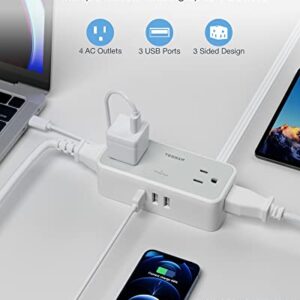 Ultra Thin Flat Extension Cord, TESSAN Surge Protector Flat Plug Power Strip 4 Wide Spaced AC Outlets 3 USB, 900 Joules 5FT Extension Cord for Home Office Dorm