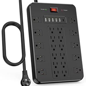 Power Strip Surge Protector, FDTEK Multi Plug Outlet with 22 AC Outlets and 6 USB 1875W/15A 2100 Joules 6.5Ft Flat Plug Extension Cord Heavy Duty Large Power Strip for Home, Office, Dorm, Gaming Room