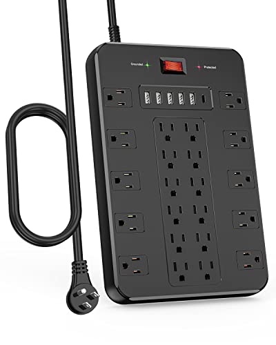 Power Strip Surge Protector, FDTEK Multi Plug Outlet with 22 AC Outlets and 6 USB 1875W/15A 2100 Joules 6.5Ft Flat Plug Extension Cord Heavy Duty Large Power Strip for Home, Office, Dorm, Gaming Room