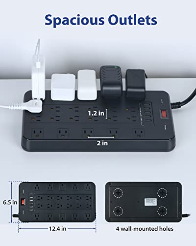 Power Strip Surge Protector, FDTEK Multi Plug Outlet with 22 AC Outlets and 6 USB 1875W/15A 2100 Joules 6.5Ft Flat Plug Extension Cord Heavy Duty Large Power Strip for Home, Office, Dorm, Gaming Room